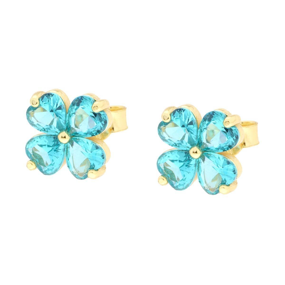 Orecchini Quadrifoglio con Cubic Zirconia Acquamarina Verde in ARGENTO 925 Galvanica Oro