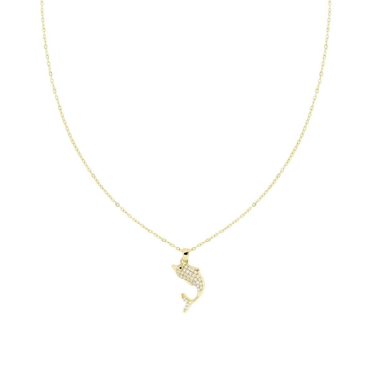 Collana Catena Forzatina Diamantata con Delfino e Crystal Bianchi in ACCIAIO colore Oro