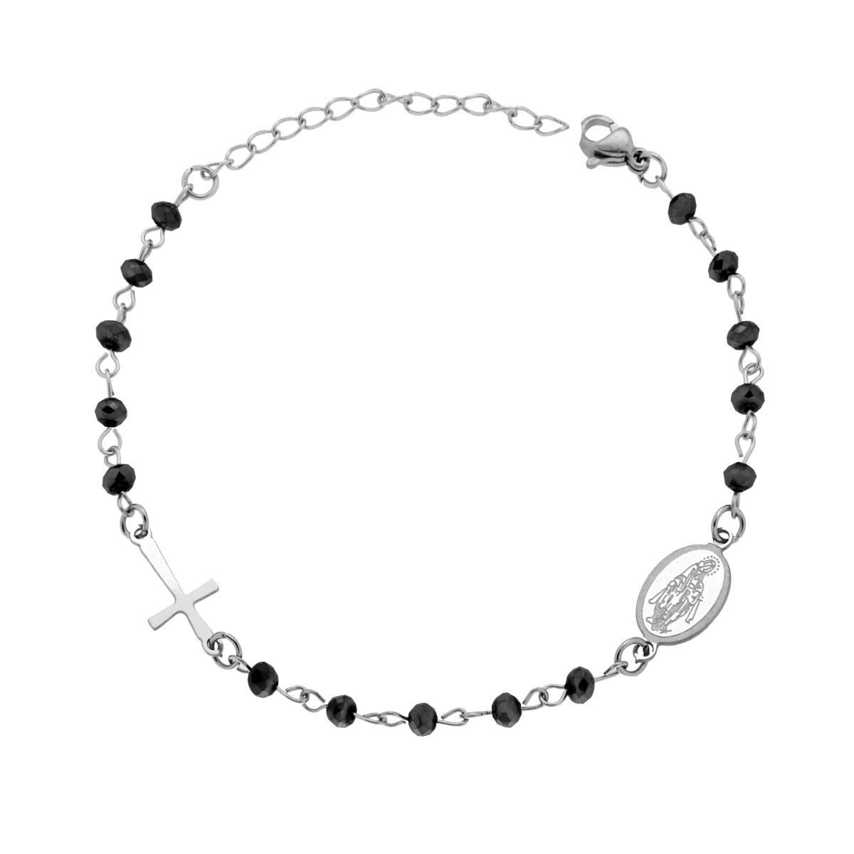 Bracciale Rosario cm 17+5 con Grani in Crystal colore Nero mm 3.5 con Croce e Medaglia Madonna in ACCIAIO<BR>