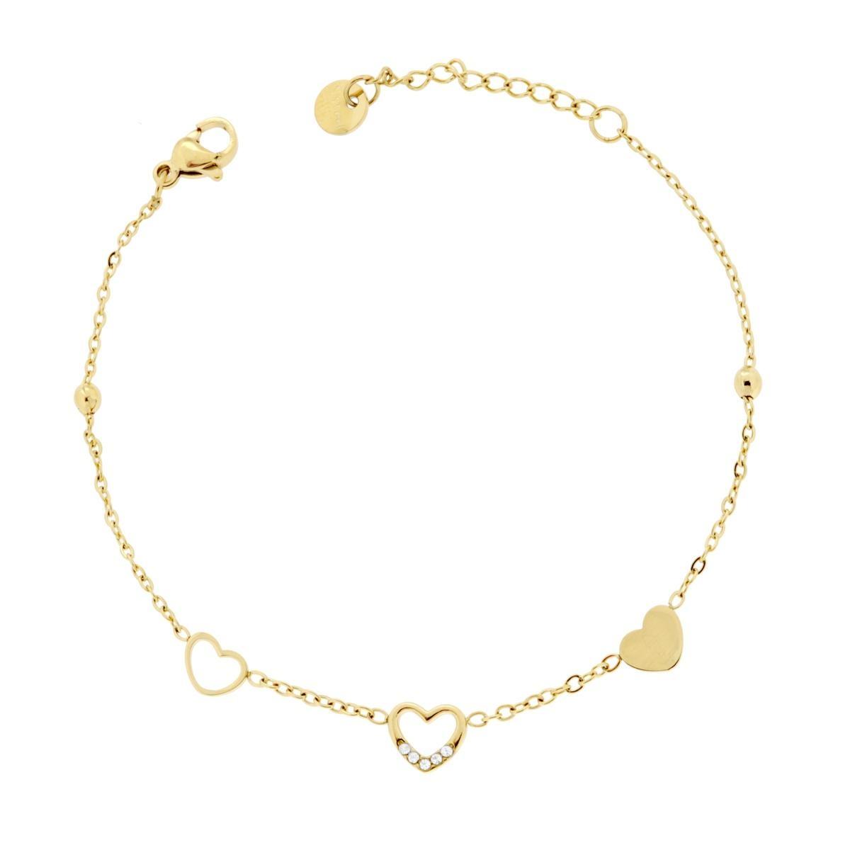 Bracciale Catena Forzatina Diamantata con Cuori e Crystal Bianchi in ACCIAIO colore Oro<BR>