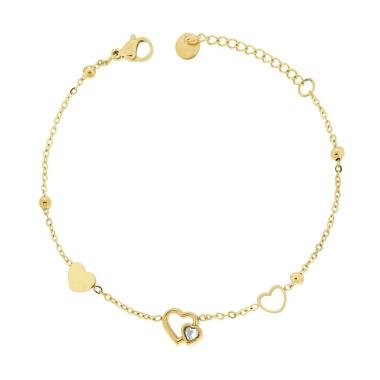Bracciale Catena Forzatina Diamantata con Cuori e Crystal Bianco in ACCIAIO colore Oro<BR>