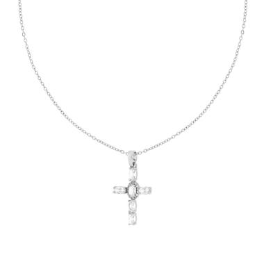 Collana Catena Forzatina Diamantata con Croce e Crystal Bianchi Ovali in ACCIAIO