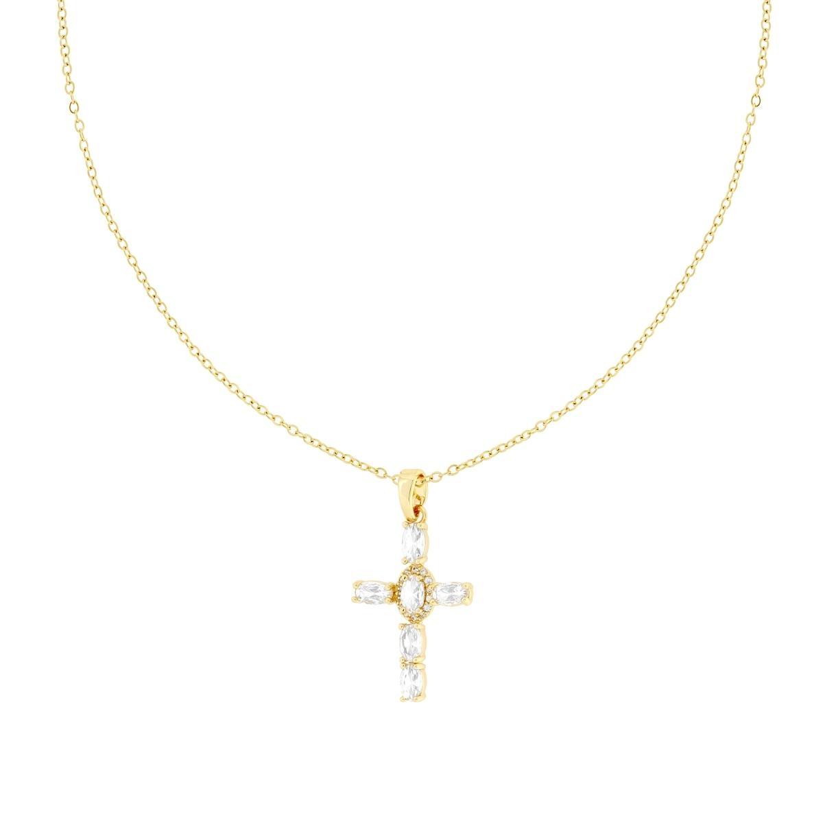Collana Catena Forzatina Diamantata con Croce e Crystal Bianchi Ovali in ACCIAIO colore Oro<BR>