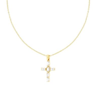 Collana Catena Forzatina Diamantata con Croce e Crystal Bianchi Ovali in ACCIAIO colore Oro<BR>