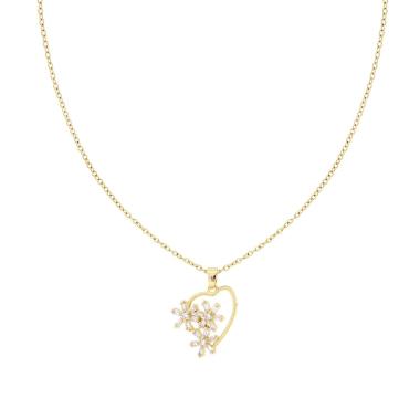 Collana Catena Forzatina Diamantata con Cuore e Fiori con Crystal Bianchi in ACCIAIO colore Oro<BR>