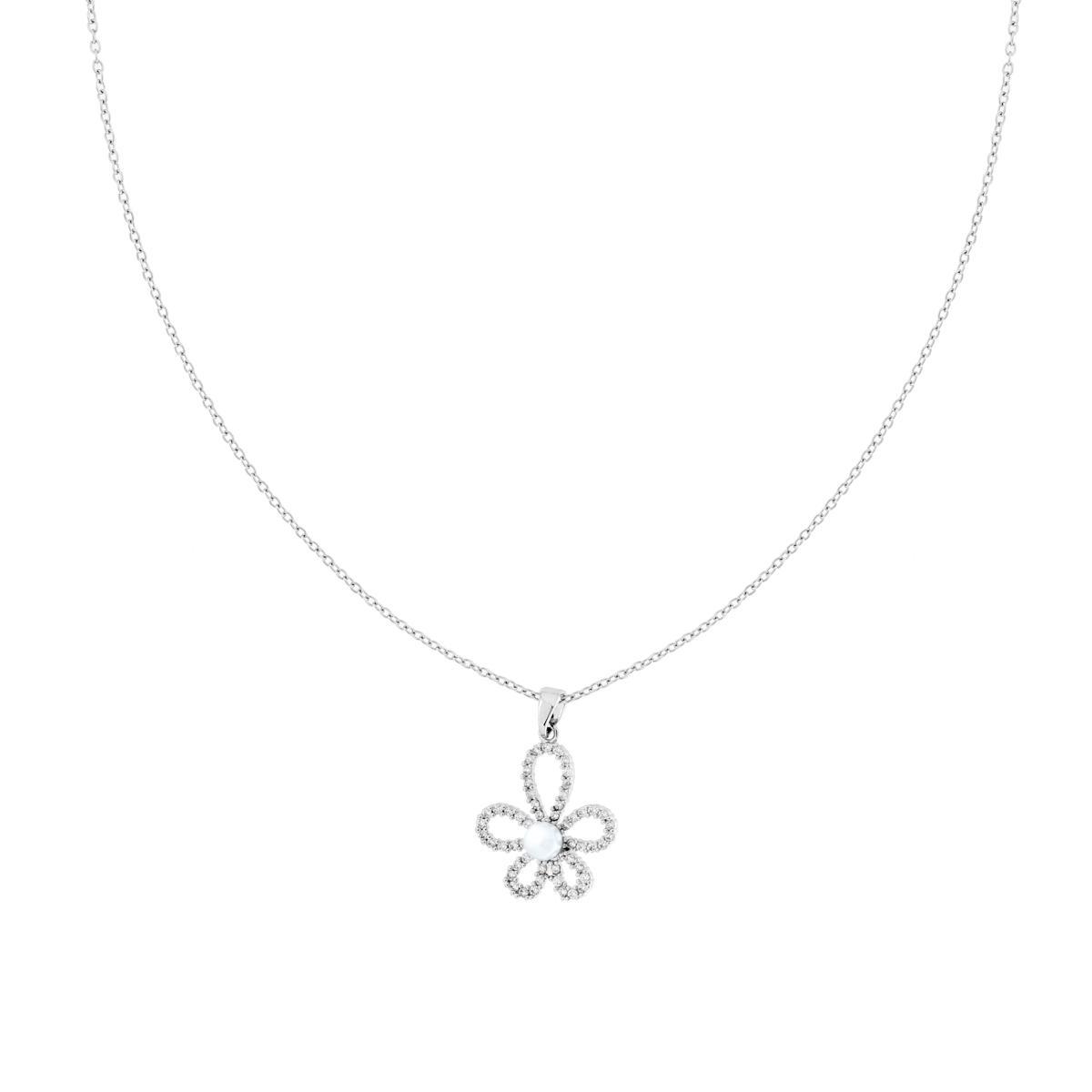 Collana Catena Forzatina Diamantata e Fiore con Crystal Bianchi e Perla Bianca in ACCIAIO<BR>