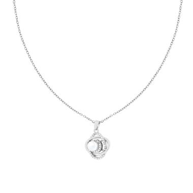 Collana Catena Forzatina Diamantata e Accessorio con Orbite con Crystal Bianchi e Perla Bianca Rotante in ACCIAIO<BR>