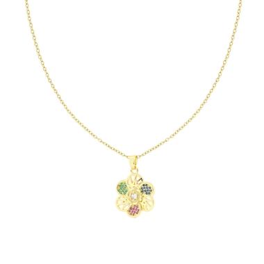 Collana Catena Forzatina Diamantata con Fiore e Crystal Multicolor in ACCIAIO colore Oro<BR>