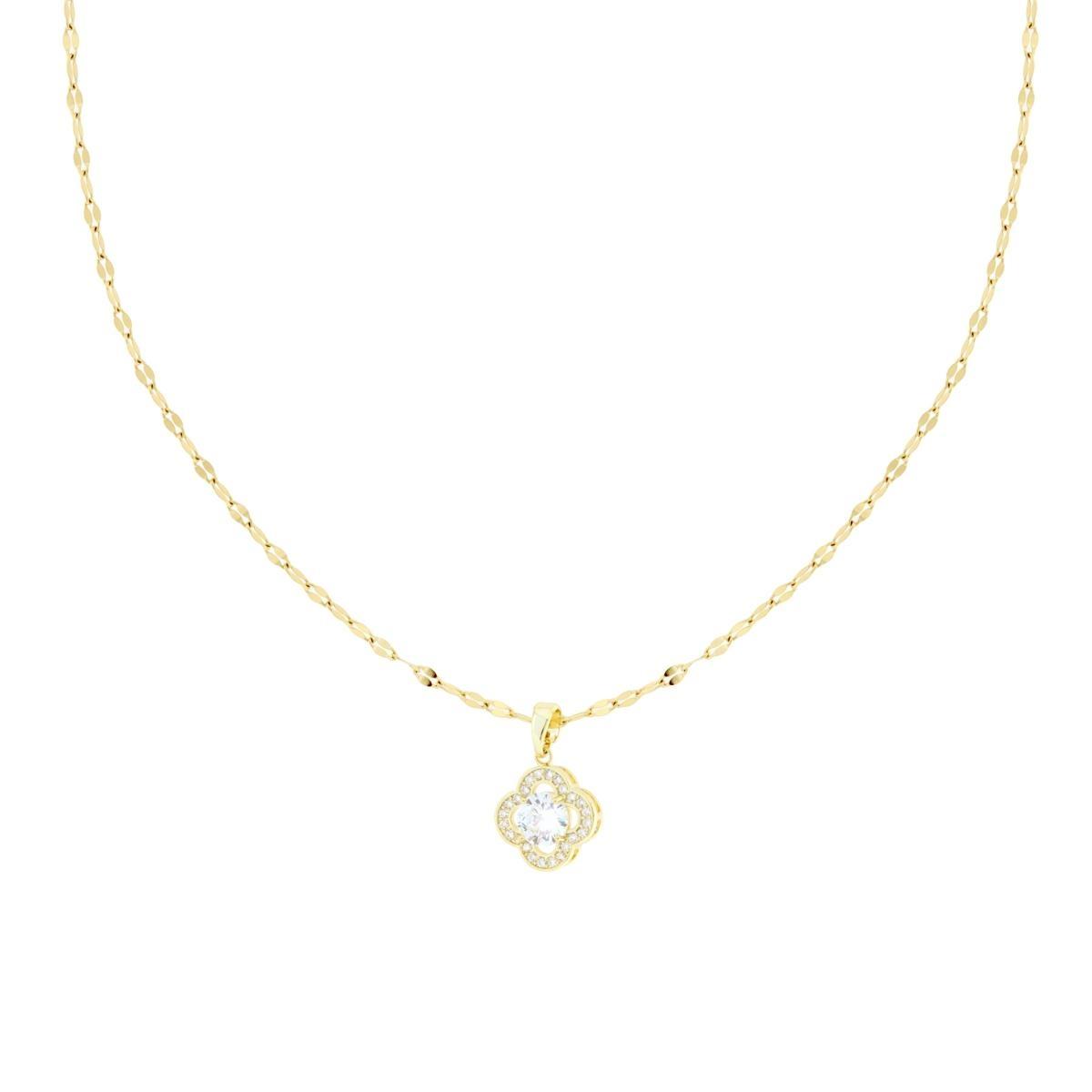 Collana Catena Forzatina Diamantata a Specchio con Quadrifoglio e Punto Luce Crystal Bianchi in ACCIAIO colore Oro<BR>
