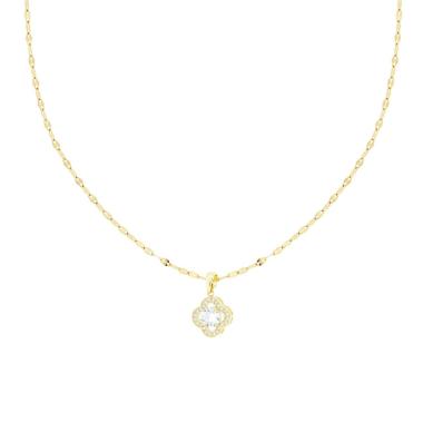 Collana Catena Forzatina Diamantata a Specchio con Quadrifoglio e Punto Luce Crystal Bianchi in ACCIAIO colore Oro