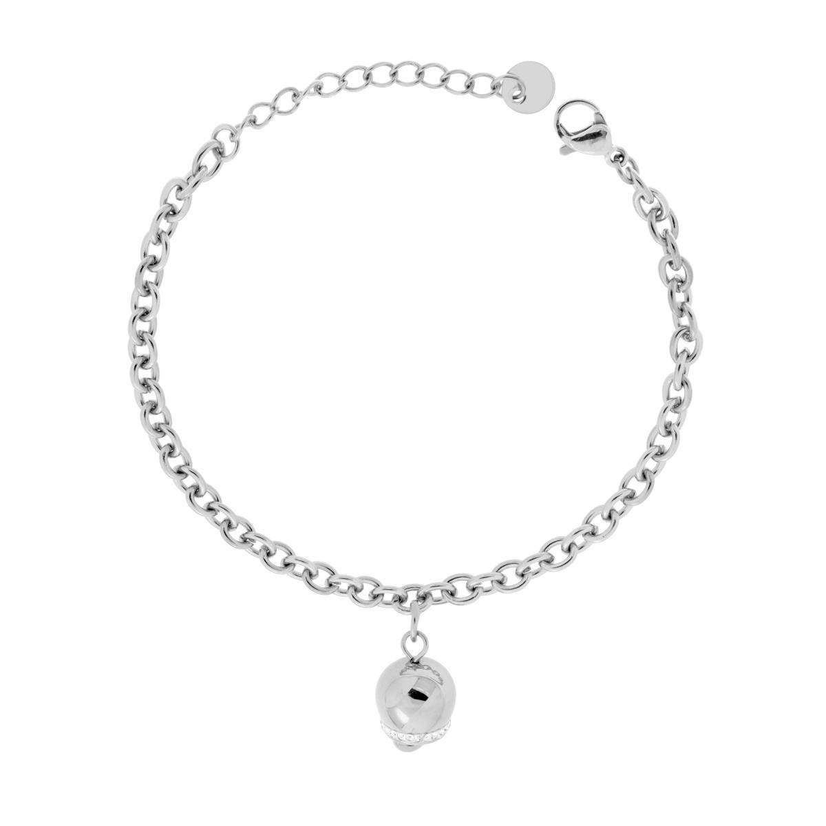 Bracciale Catena Forzatina con Campanella e Crystal Bianchi in ACCIAIO <BR>
