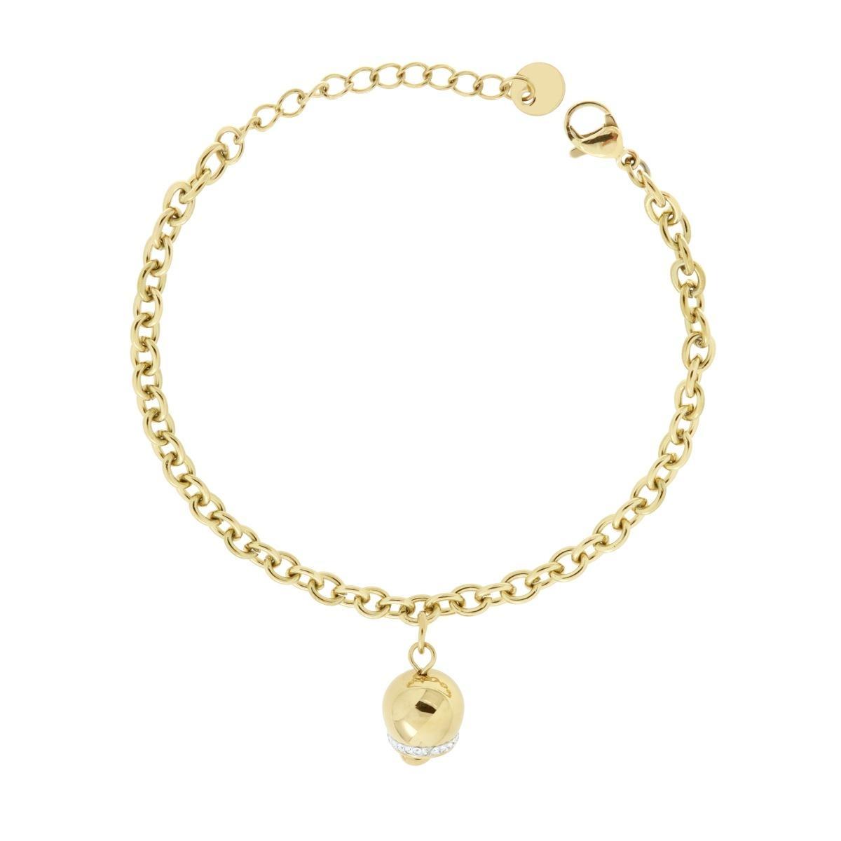 Bracciale Catena Forzatina con Campanella e Crystal Bianchi in ACCIAIO colore Oro<BR>