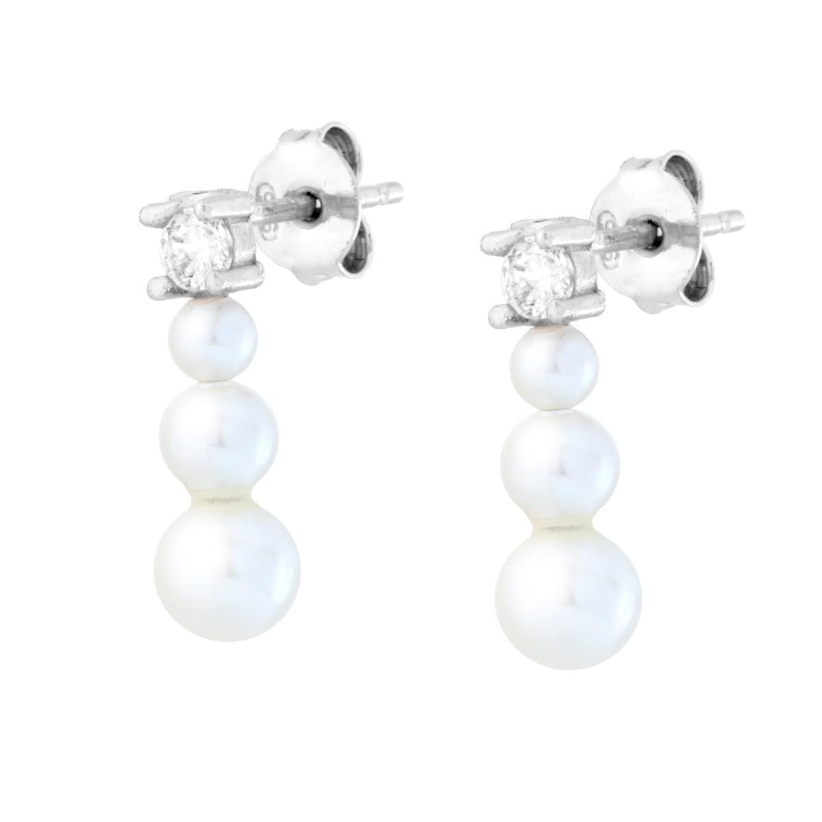Orecchini Punto Luce Cubic Zirconia Bianco con Perle Bianche Trilogy Degrade in ARGENTO 925 Galvanica Rodio<BR>