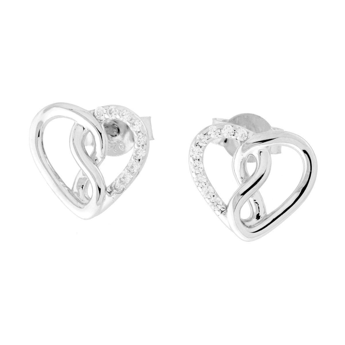 Orecchini Cuore con Cubic Zirconia Bianchi e Infinito in ARGENTO 925 Galvanica Rodio<BR>