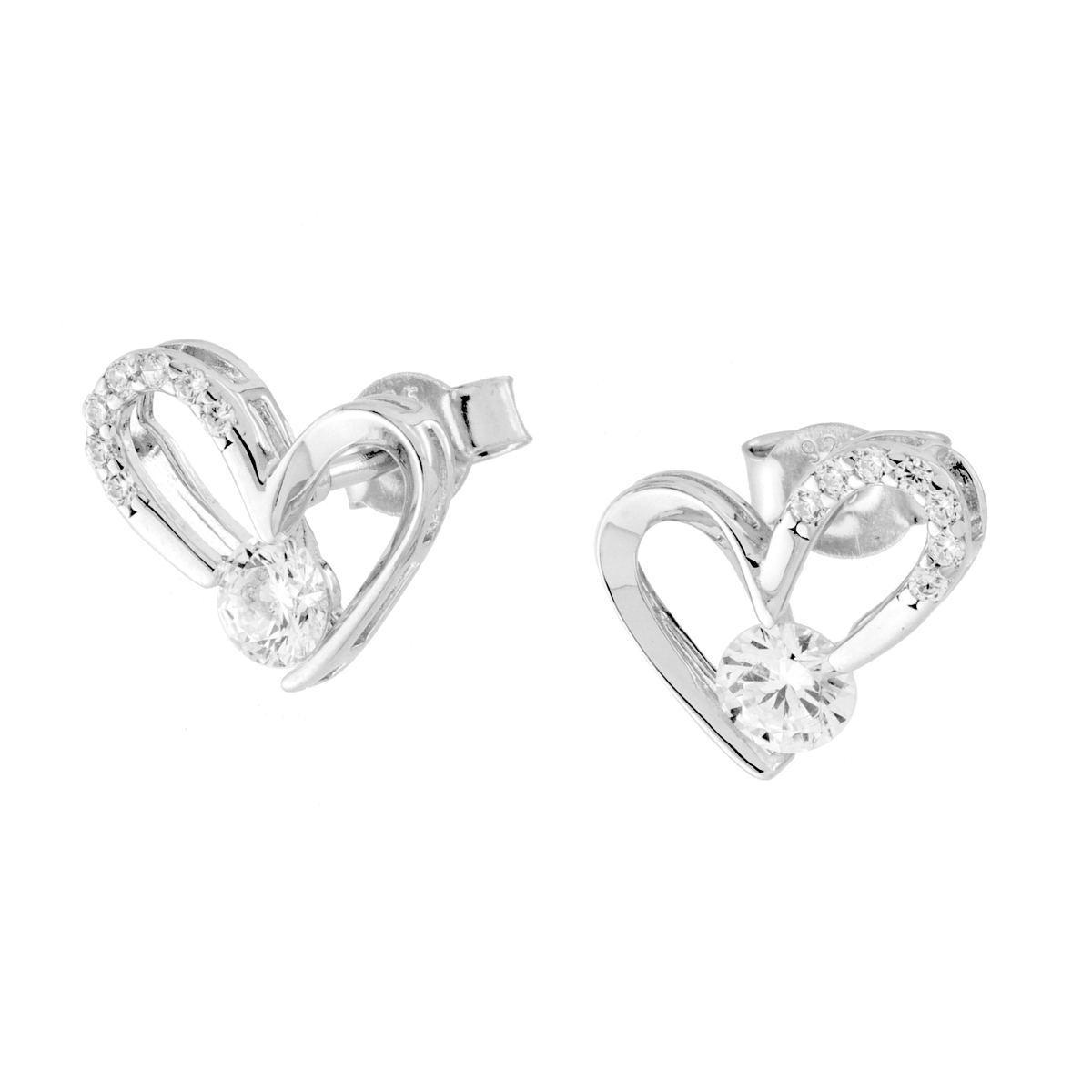 Orecchini Cuore con Punto Luce e Cubic Zirconia Bianchi in ARGENTO 925 Galvanica Rodio<BR>