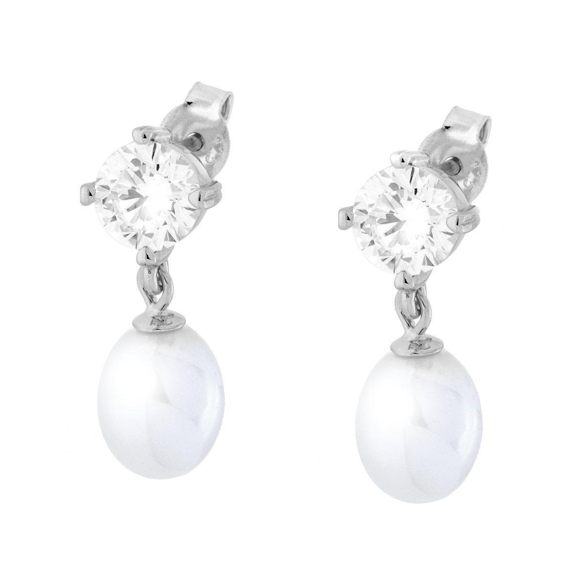 Orecchini Punto Luce Cubic Zirconia Bianco con Perla Ovale pendente in ARGENTO 925 Galvanica Rodio<BR>