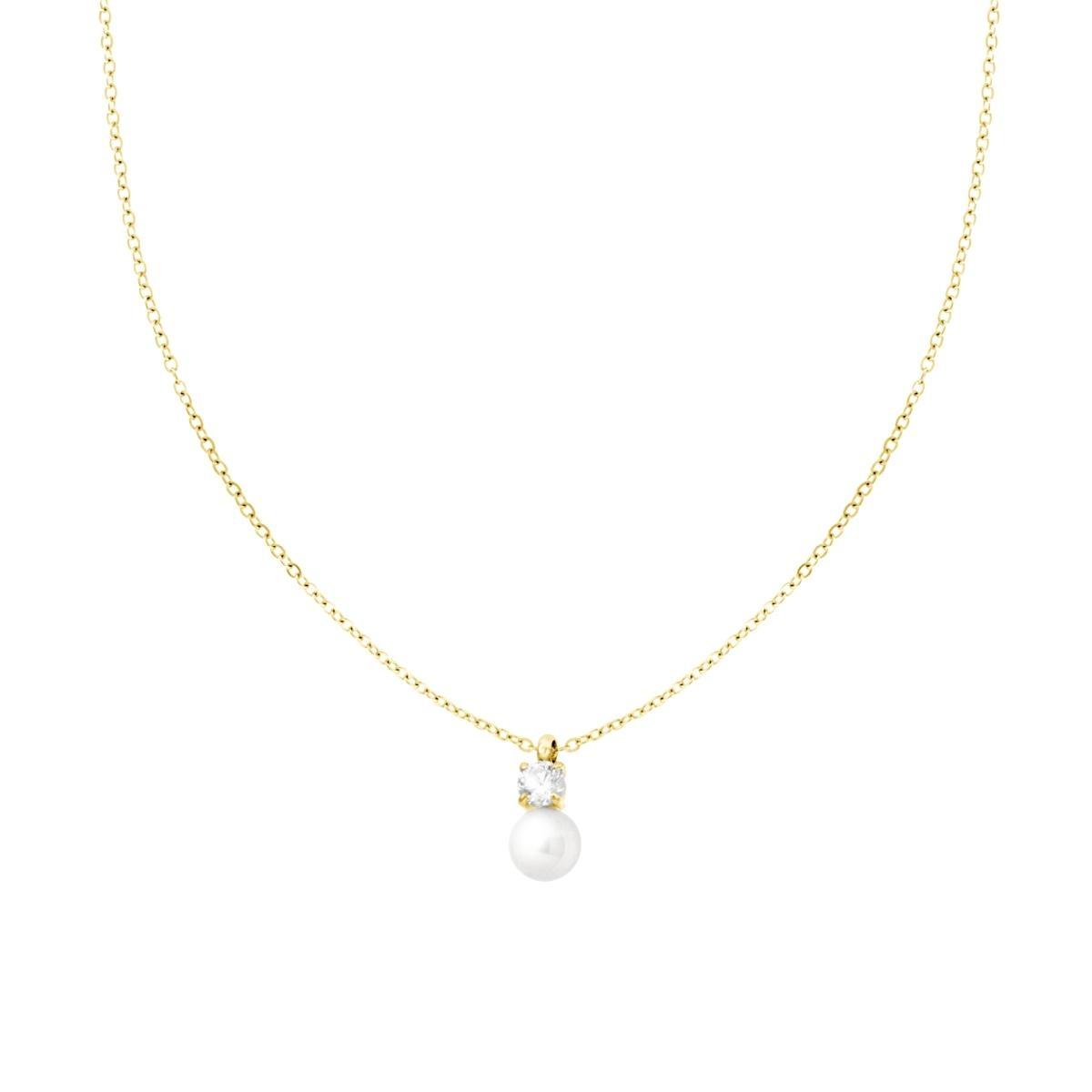 Collana Catena Forzatina Diamantata con Perla e Punto Luce Crystal Bianco in ACCIAIO colore Oro