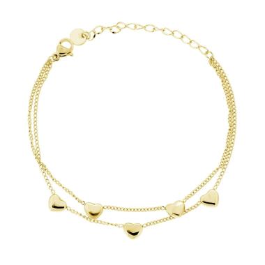 Bracciale due fili Catena Grumetta con Cuori Bombati in ACCIAIO colore Oro