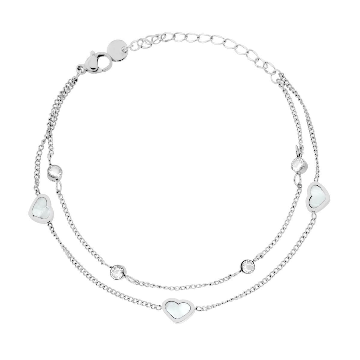 Bracciale due fili Catena Grumetta con Cuori Madreperla e Crystal Bianchi in ACCIAIO<BR>