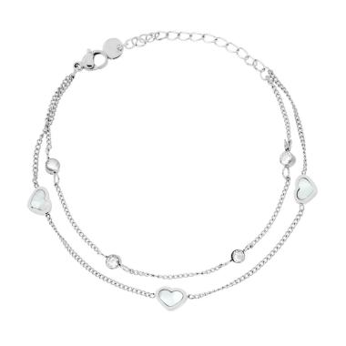 Bracciale due fili Catena Grumetta con Cuori Madreperla e Crystal Bianchi in ACCIAIO<BR>