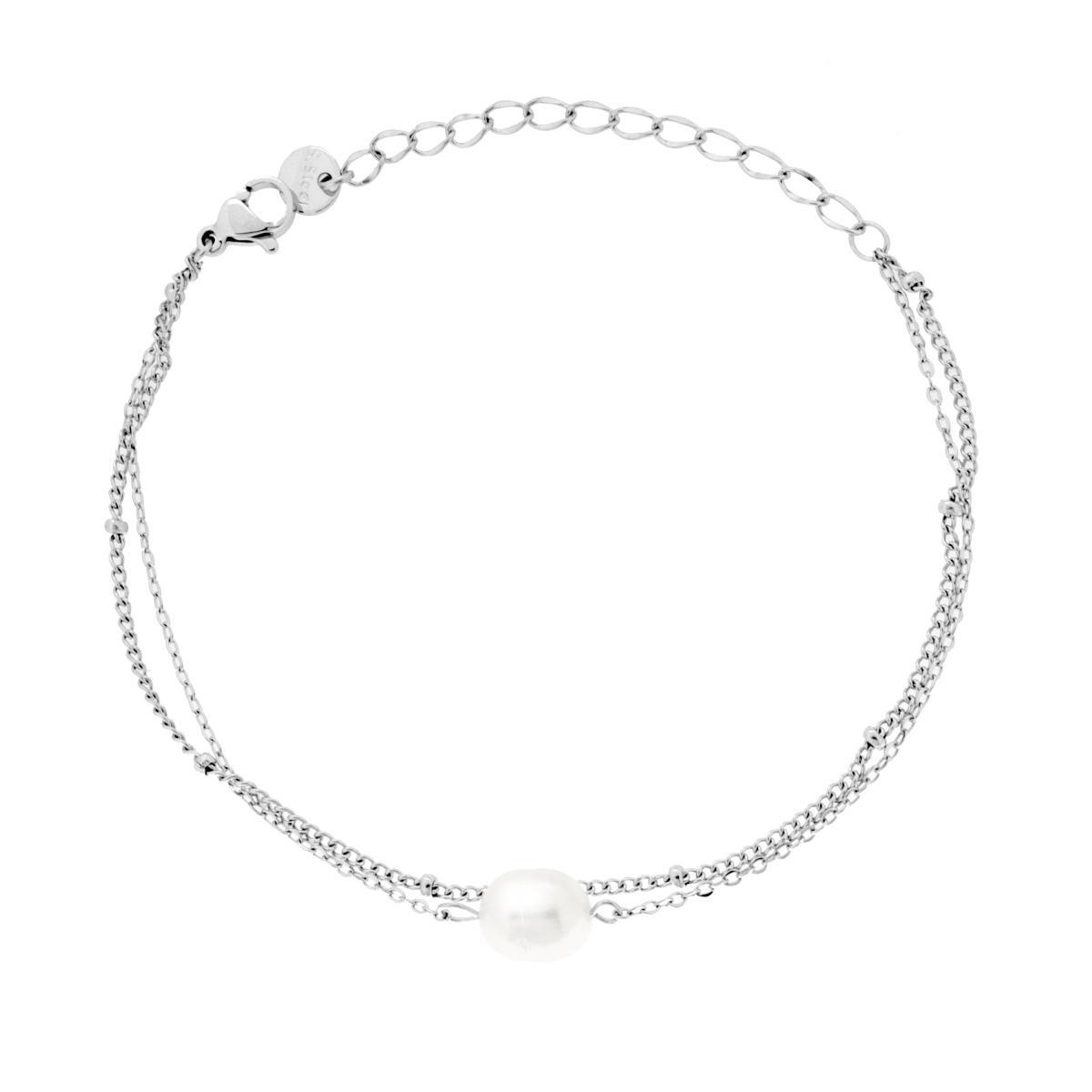 Bracciale due fili Catena Forzatina Diamantata e Grumetta con Perla Ovale in ACCIAIO <BR>