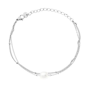 Bracciale due fili Catena Forzatina Diamantata e Grumetta con Perla Ovale in ACCIAIO 