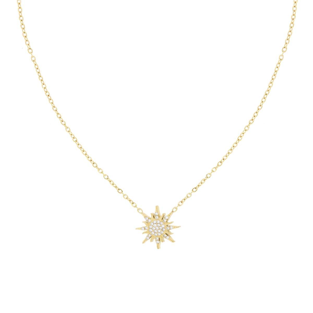Collana Catena Forzatina Diamantata con Sole e Crystal Bianchi in ACCIAIO colore Oro