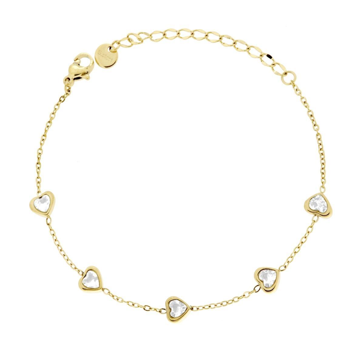 Bracciale Catena Forzatina Diamantata con Cuori e Crystal Bianchi in ACCIAIO colore Oro<BR>