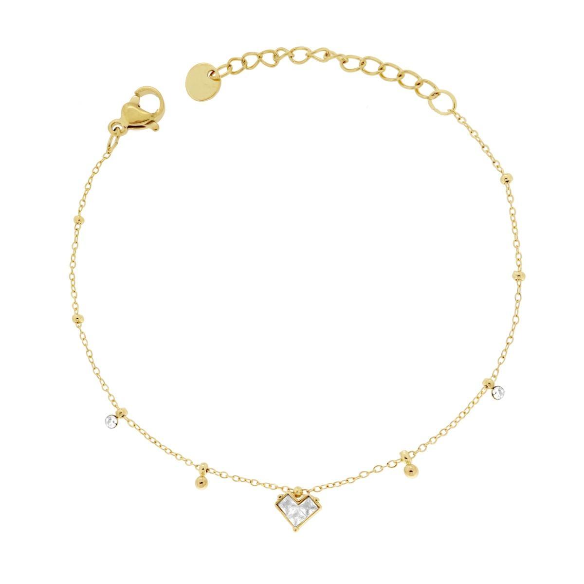 Bracciale Catena Forzatina Diamantata con Palline e Cuore con Crystal Bianchi in ACCIAIO colore Oro<BR>