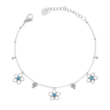 Bracciale Catena Forzatina Diamantata con Fiori e Crystal Azzurro in ACCIAIO<BR>