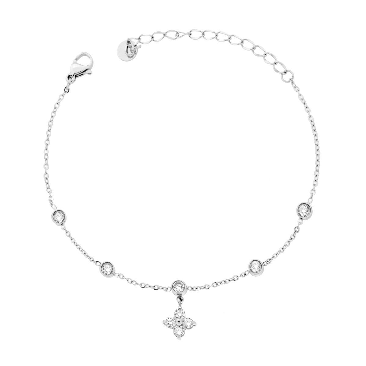 Bracciale Catena Forzatina Diamantata con Quadrifoglio e Crystal Bianchi in ACCIAIO<BR>