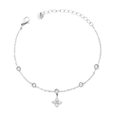 Bracciale Catena Forzatina Diamantata con Quadrifoglio e Crystal Bianchi in ACCIAIO<BR>