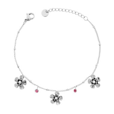 Bracciale Catena Grumetta con Fiori con Perle e Crystal Rosa in ACCIAIO<BR>