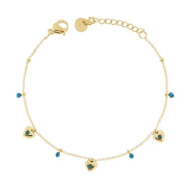 Bracciale Catena Forzatina Diamantata con Cuori e Crystal Azzurro in ACCIAIO colore Oro<BR>