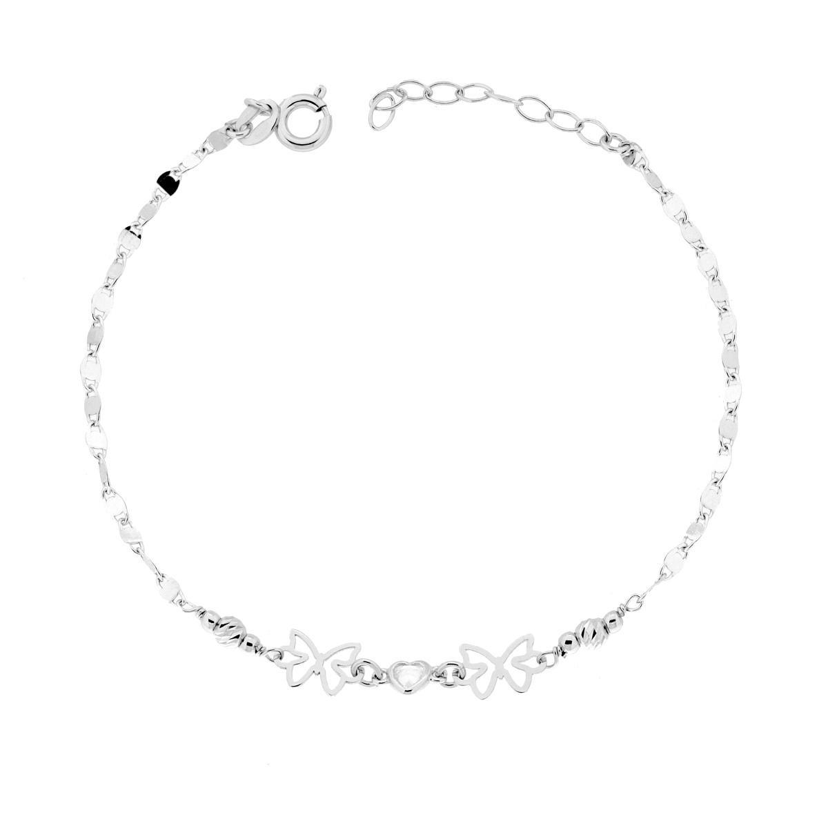 Bracciale Catena Specchio con Farfalle Cuore Cubic Zirconia Bianco e Palline Slash in ARGENTO 925 Galvanica Rodio<BR>