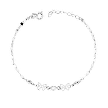 Bracciale Catena Specchio con Farfalle Cuore Cubic Zirconia Bianco e Palline Slash in ARGENTO 925 Galvanica Rodio<BR>