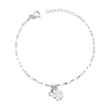 Bracciale Catena Specchio e Perle con Quadrifoglio e Punto Luce in ARGENTO 925 Galvanica Rodio<BR>