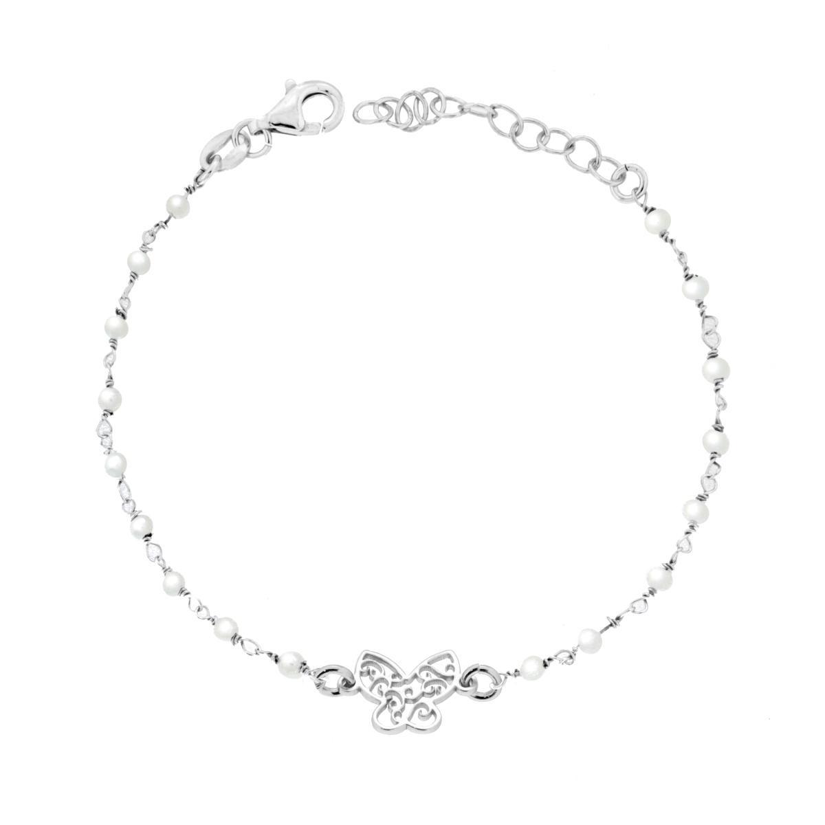 Bracciale Catena con Perle e Farfalla Traforata in ARGENTO 925 Galvanica Rodio<BR>