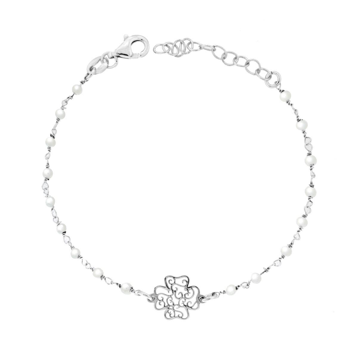 Bracciale Catena con Perle e Quadrifoglio Traforato in ARGENTO 925 Galvanica Rodio<BR>
