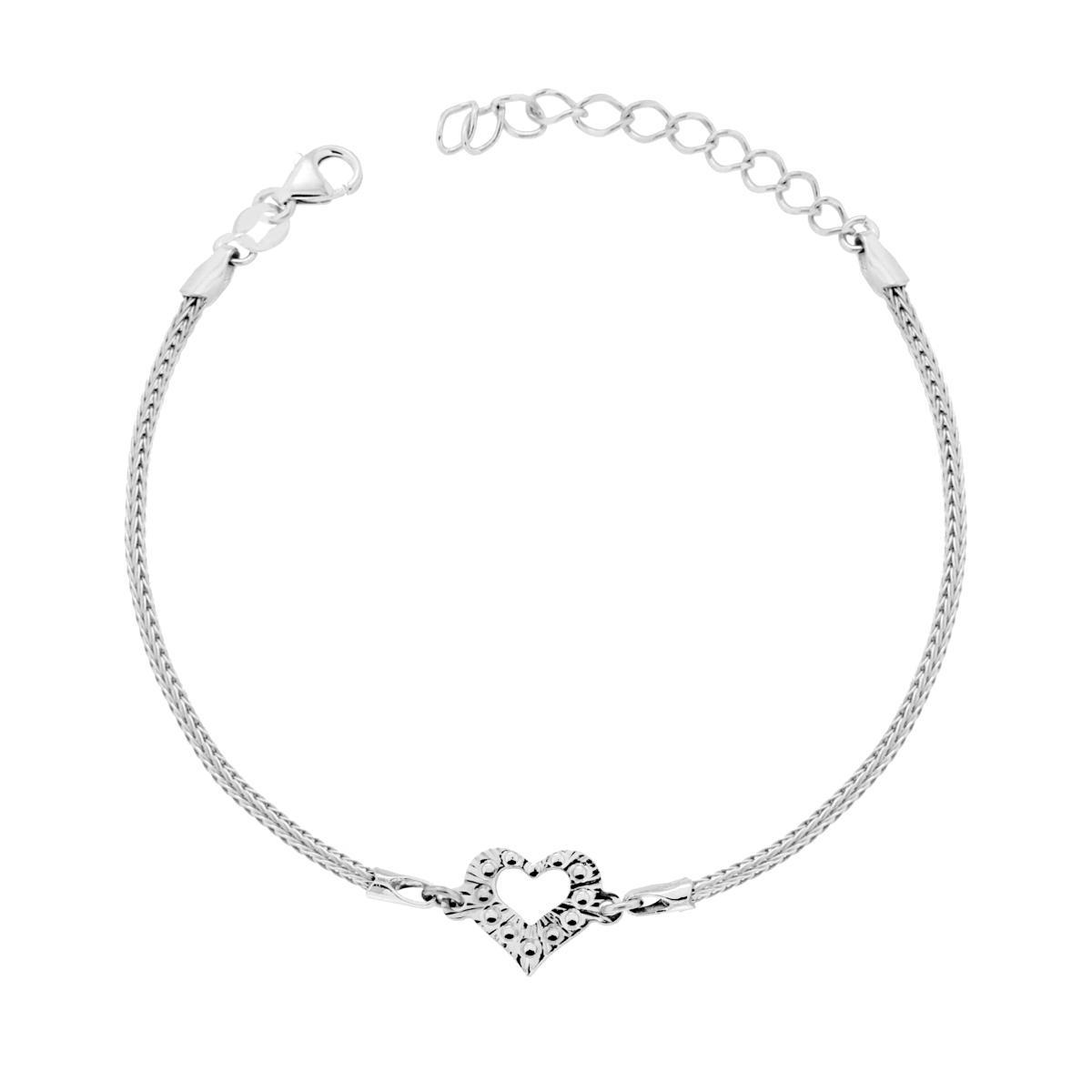 Bracciale Catena Calza con Cuore Diamantato in ARGENTO 925 Galvanica Rodio<BR>