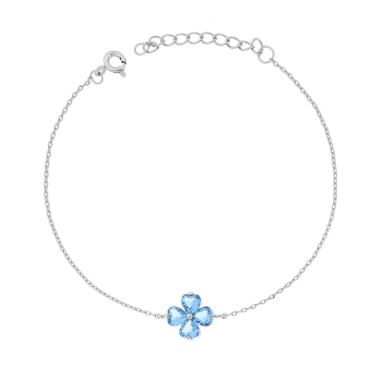 Bracciale Catena Forzatina Diamantata con Quadrifoglio Cubic Zirconia Acquamarina in ARGENTO 925 Galvanica Rodio