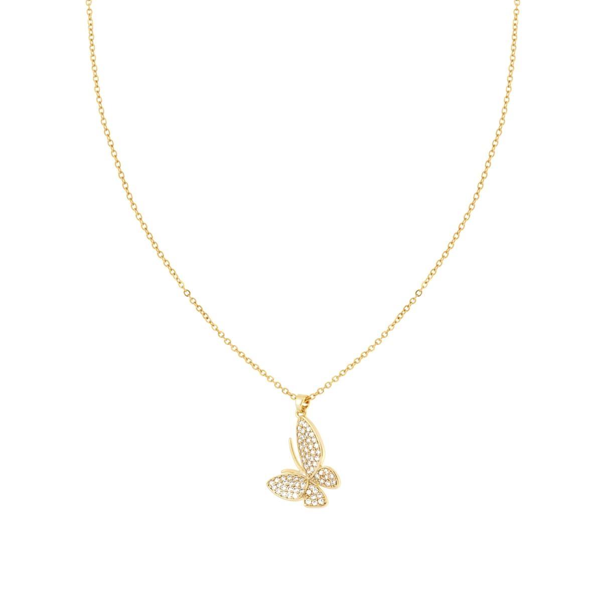Collana Catena Forzatina con Farfalla e Cubic Zirconia Bianchi in ACCIAIO e OTTONE colore Oro