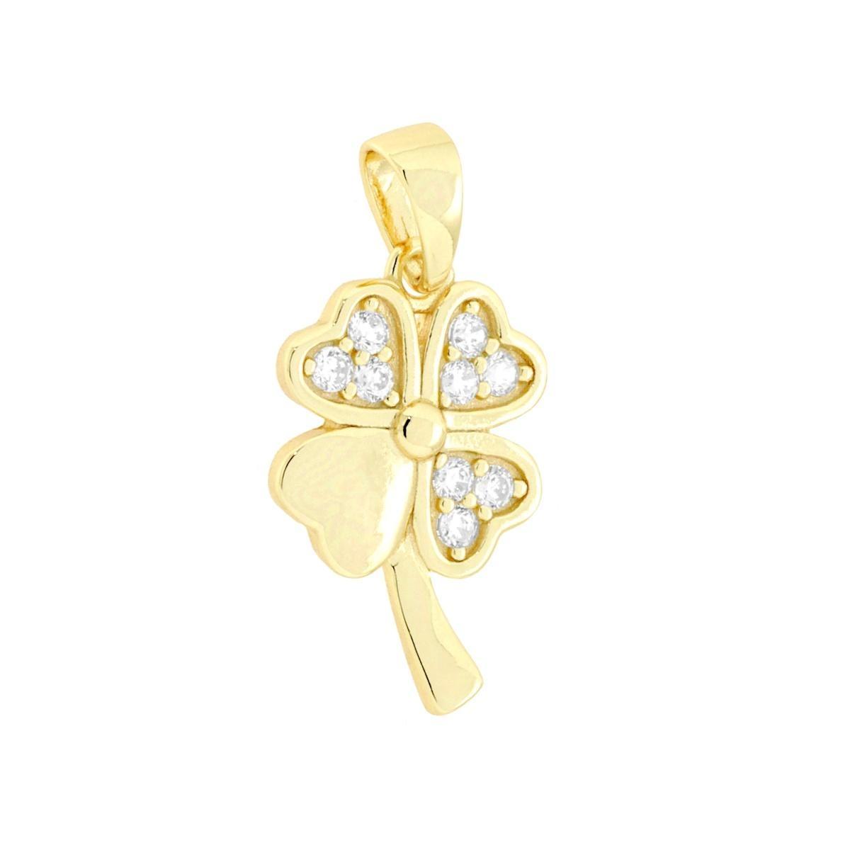 Ciondolo Quadrifoglio con Cubic Zirconia Bianchi in ARGENTO 925 Galvanica Oro<BR>