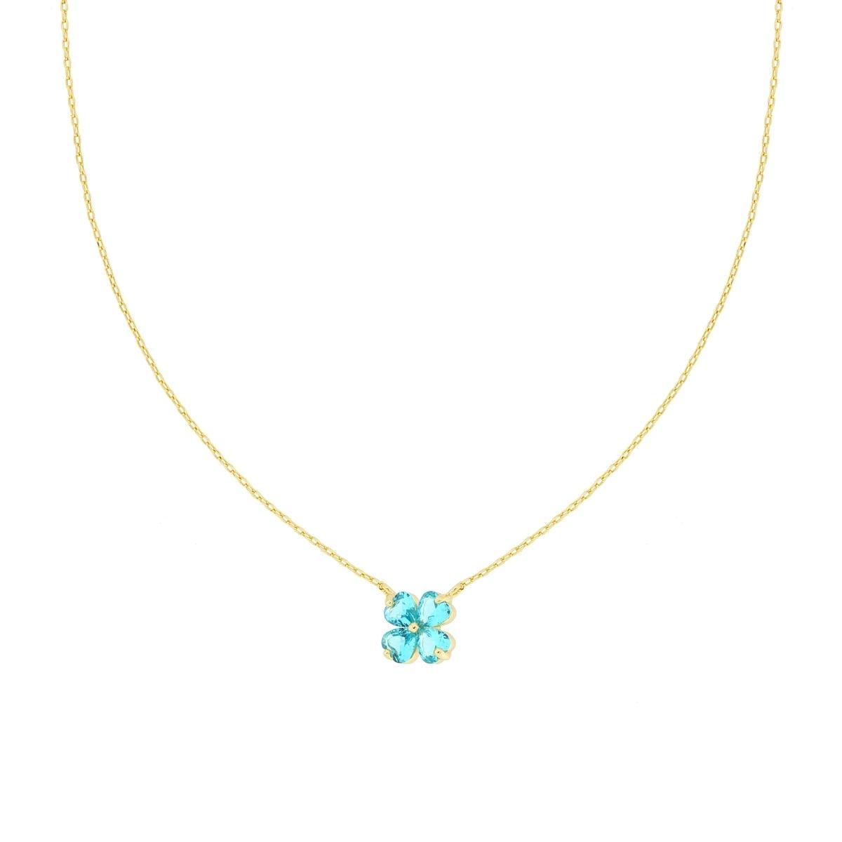Collana Catena Forzatina Diamantata con Quadrifoglio Cubic Zirconia Acquamarina Verde in ARGENTO 925 Galvanica Oro