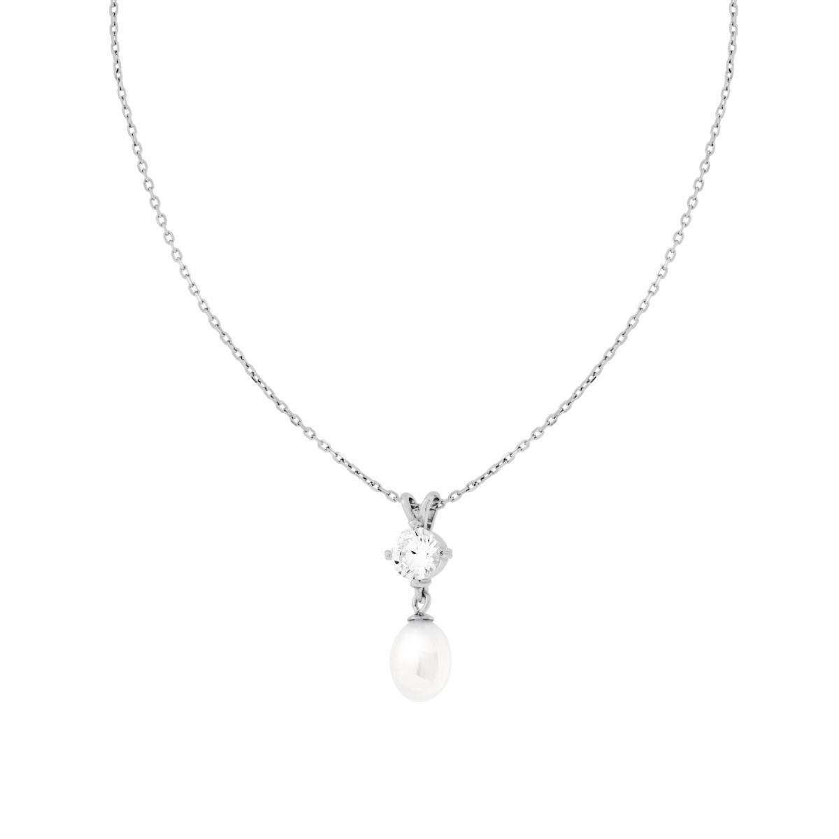 Collana Catena Forzatina Diamantata con Punto Luce Cubic Zirconia Bianco e Perla Ovale pendente in ARGENTO 925 Galvanica Rodio<BR>