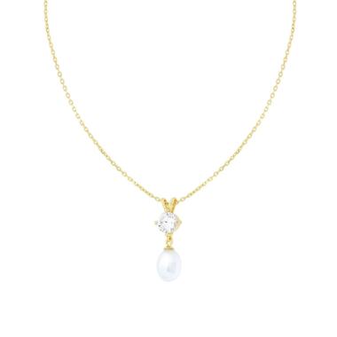 Collana Catena Forzatina Diamantata con Punto Luce Cubic Zirconia Bianco e Perla pendente in ARGENTO 925 Galvanica Oro