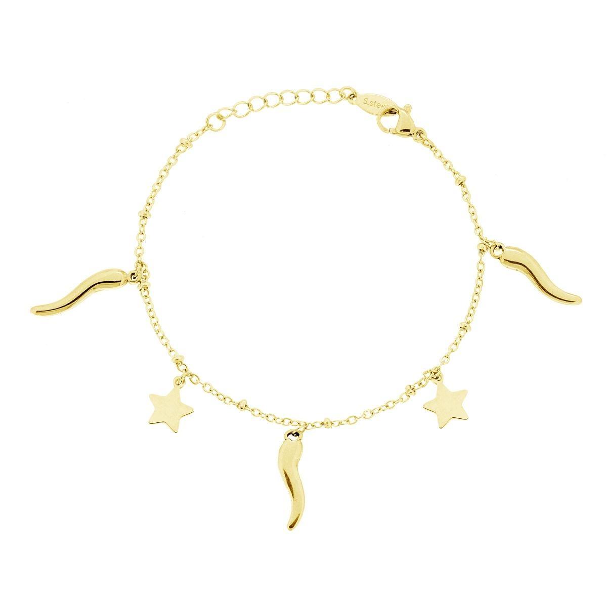 Bracciale Catena Forzatina con Stelle plain e Corni portafortuna in ACCIAIO