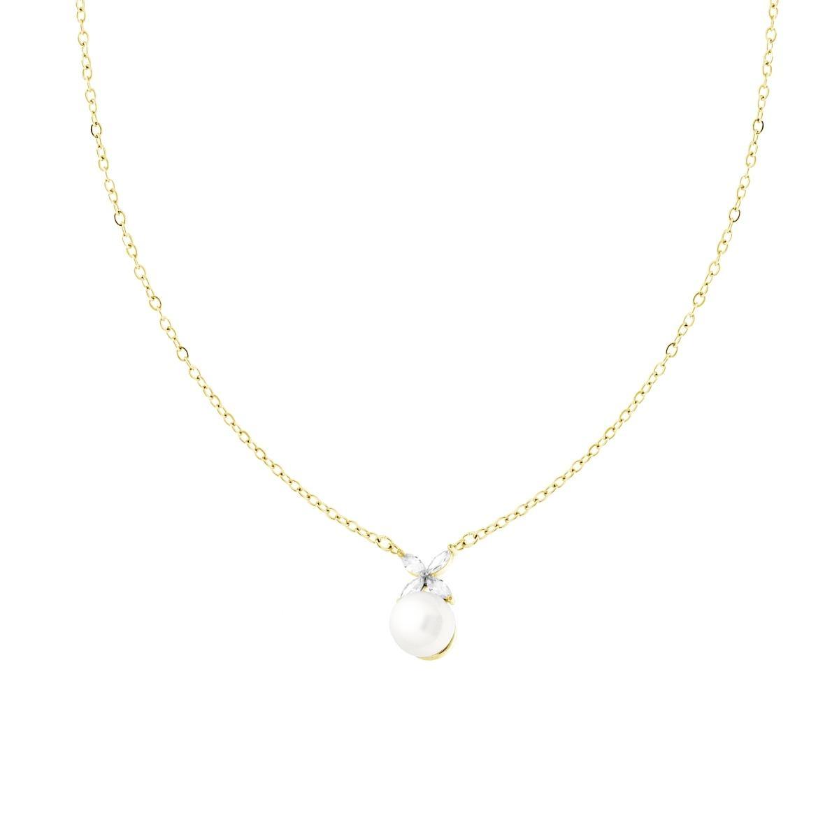 Collana Catena Forzatina Diamantata con Perla e Fiore con Crystal Bianchi in ACCIAIO colore Oro