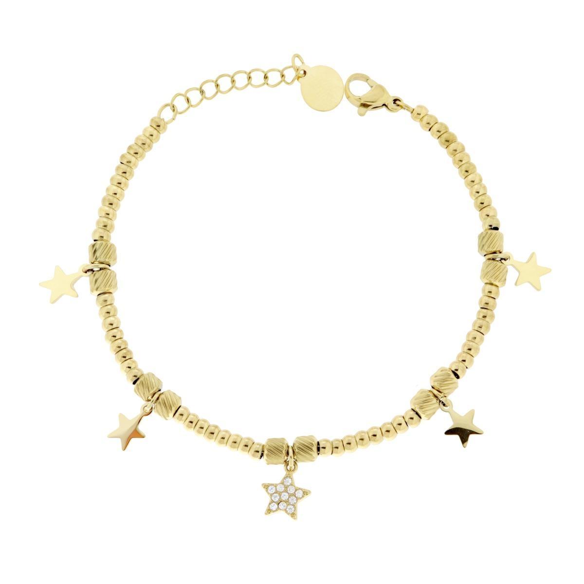 Bracciale Catena Palline Cilindretti Diamantati con Stelle plain e con Crystal Bianchi pendenti in ACCIAIO colore Oro<BR>