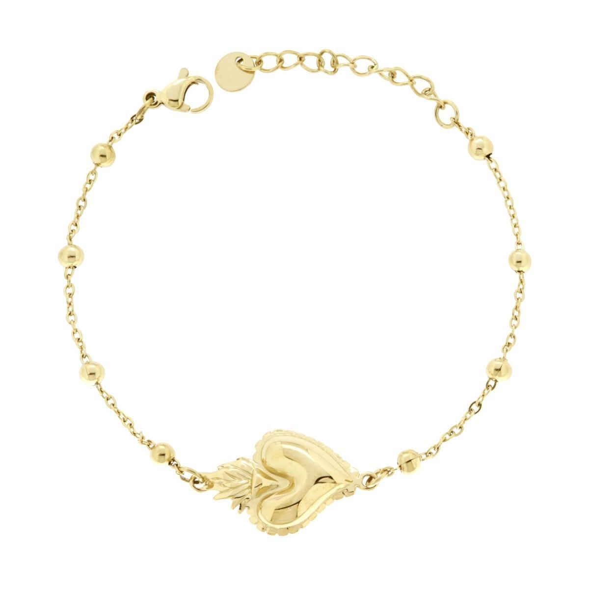 Bracciale Catena Forzatina Diamantata con Cuore Votivo in ACCIAIO colore Oro<BR>